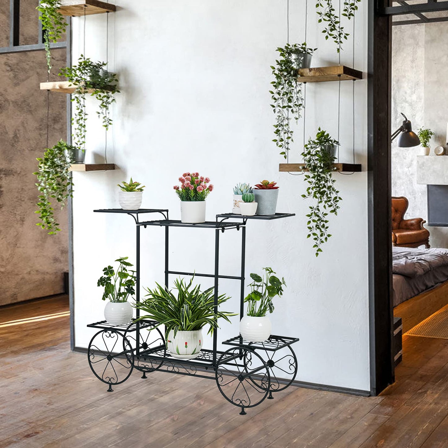 unho Metal Plant Stand Indoor: 6 Tier Garden Cart Flower Planter Pot Holder Parisian Style Wrought Iron Display Shelf Rack Decorating Garden Home Patio Condo Porch