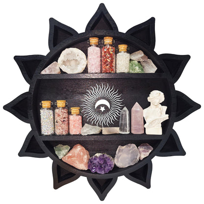 FNYDOX Crystal Shelf Display for Wall, Crystal Display Shelf Chakra Wooden Lotus Flower Crescent Moon Shelf Wall Decor, Decorative Home Floating Shelf Stone Storage Gem Holder Boho Hanging Organizer