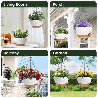 2 Pack 12 Hanging Flower Pots with Chains Self Watering Plastic Planters for Indoor Outdoor Plants, Sturdy Triangular Iron Chain Design for Garden PorchPlastic hanging flower pots (2, White-brown)