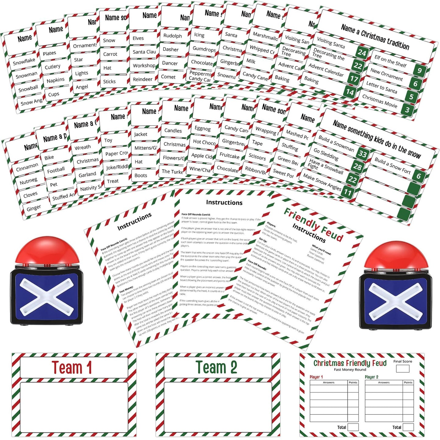 Syhood Christmas Friendly Feud Card Game with 2 Answer Buzzers, Xmas Family Trivia Quiz Game Night, Fun Party Activities for Adults, Office, Classroom, Large Group and Team Building
