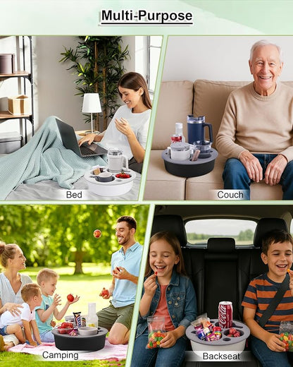 Couch Cup Holder Tray Round, Bonfixe 4-Cups Bedside Drink Holder for Elderly/Pregnancy, Stable Non-Spill Silicone Couch Caddy for Remote Control, Glasses‌, Snacks, Phones‌ (Black-Gray)