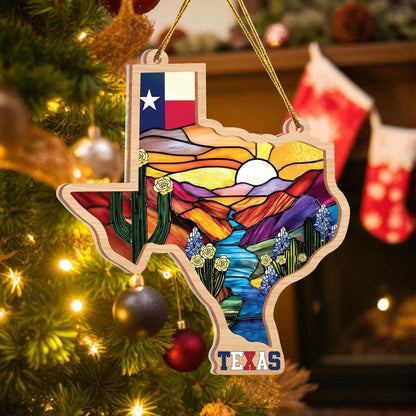 Texas Stained-Glass Look Ornament, Double-Layer Wood & Acrylic State Shape with Flag, Bluebonnets & Cactus, Christmas Ornament for Tree, Ready-to-Gift