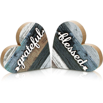 Jetec 2 Pcs Rustic Decorations for Living Room Home Shelf Mantel Entryway Table, Farmhouse Knick Knacks Christian Table Centerpiece Wooden Heart Decor for Dining Room Housewarming Gift(Grateful Style)