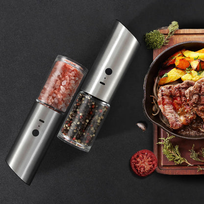 VEVOK CHEF Electric Salt and Pepper Grinder Set Rechargeable with LED Light Type-C Automatic Gravity Stainless Steel Pepper Mill Spice Grinder Adjustable Coarseness