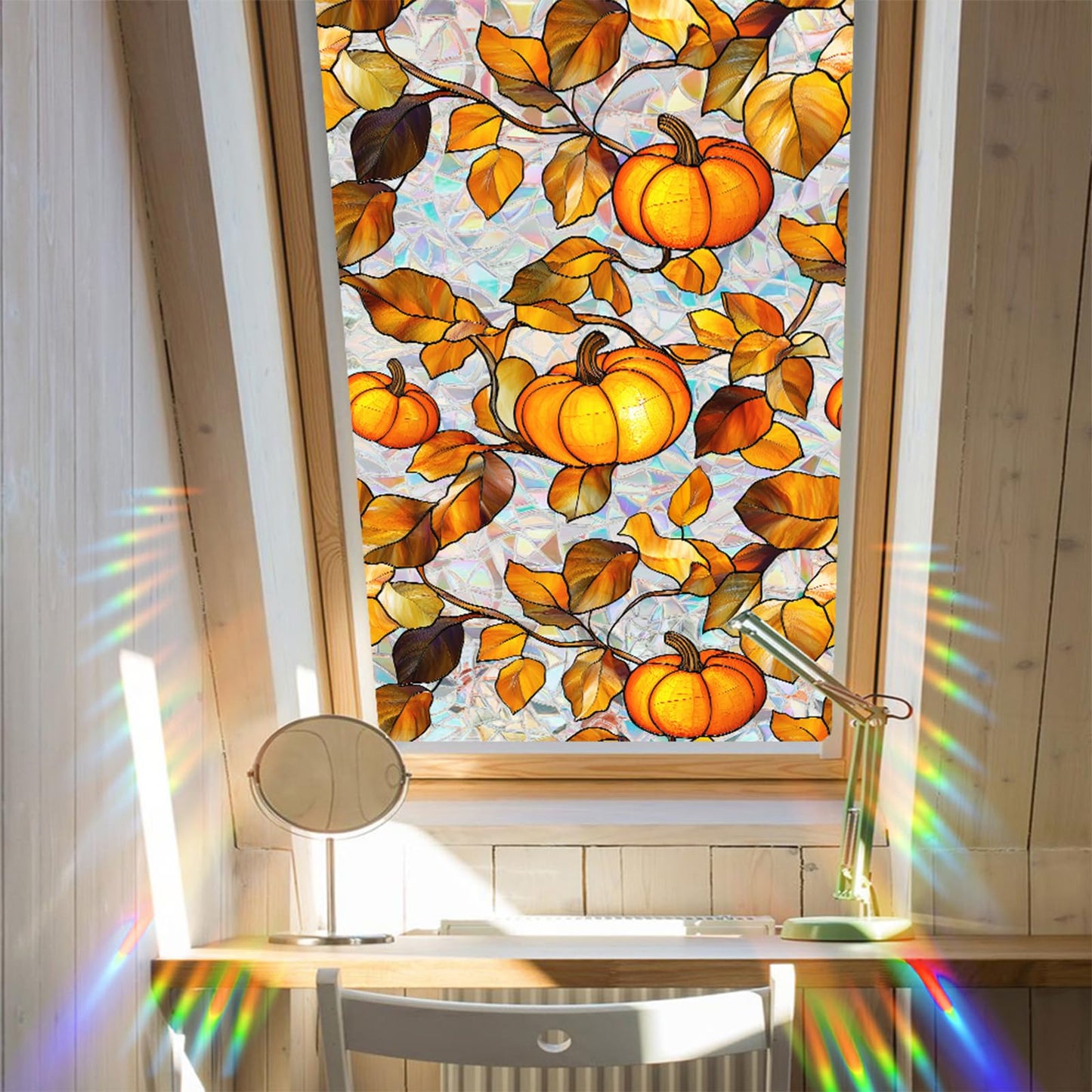 Niviy Pumpkin Thanksgiving Halloween Fall Window Clings, Stained Glass Window Film for Windows Autumn Clings Autumn Home Office Decorations for Indoor Outdoor (16.93 x 39.37inch)