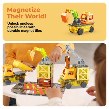 PicassoTiles Magnet Tile Construction Themed Building Blocks 5-in-1 Crane, Ladder, Dump Truck, Excavator, and Backhoe Action Figures, 2 Car Base Vehicles Magnetic Tiles Learning Toys Kids Ages3+ PTU06