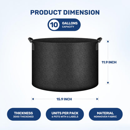 HealSmart 10 Gallon 6 Pack Nonwoven Grow Bags, Aeration Fabric Pots with Handles, Heavy Duty Garden Grow Pots for Tomato Vegetables Flowers, 6 Plant Labels, Black