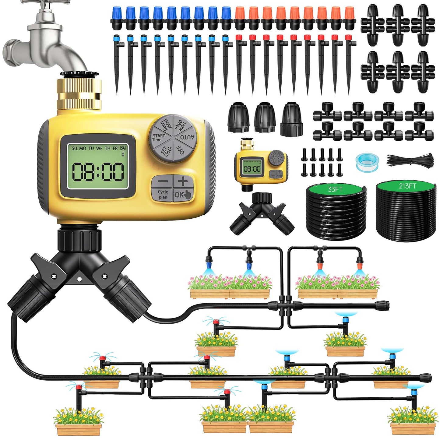MQJIAZHI 246FT Drip Irrigation System with LCD Timer, Automatic Watering System Kits,1/2 Inch Hose 1/4 Inch Distribution Tubing 3 Sprayer Types, for Garden, Greenhouse, Garden, Lawn