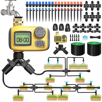 MQJIAZHI 246FT Drip Irrigation System with LCD Timer, Automatic Watering System Kits,1/2 Inch Hose 1/4 Inch Distribution Tubing 3 Sprayer Types, for Garden, Greenhouse, Garden, Lawn
