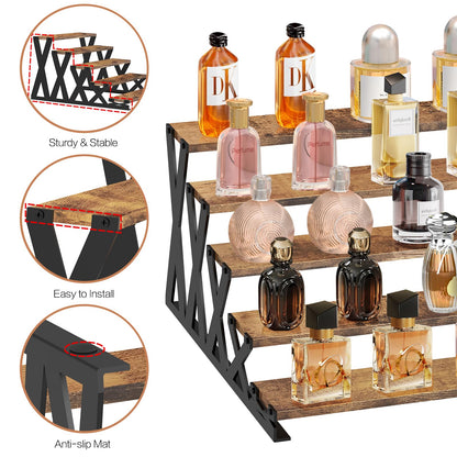 KALYLOC 5 Tier Wooden Display Riser Stand 13.8 Inch Metal Step Perfume Stand Organizer Tabletop Tiered Display Shelf Rack for Cologne Cupcake Spice Figures Cosmetics Candles (Brown, X-Shape)
