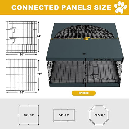 Dog Playpen with Top Cover and Bottom Pad - Foldable Metal Puppy Play Pen,24x24in 8 Panels Dog Playpen with Door for Indoor Outdoor,Heavy-Duty Pet Exercise Fence for Small Medium Animals