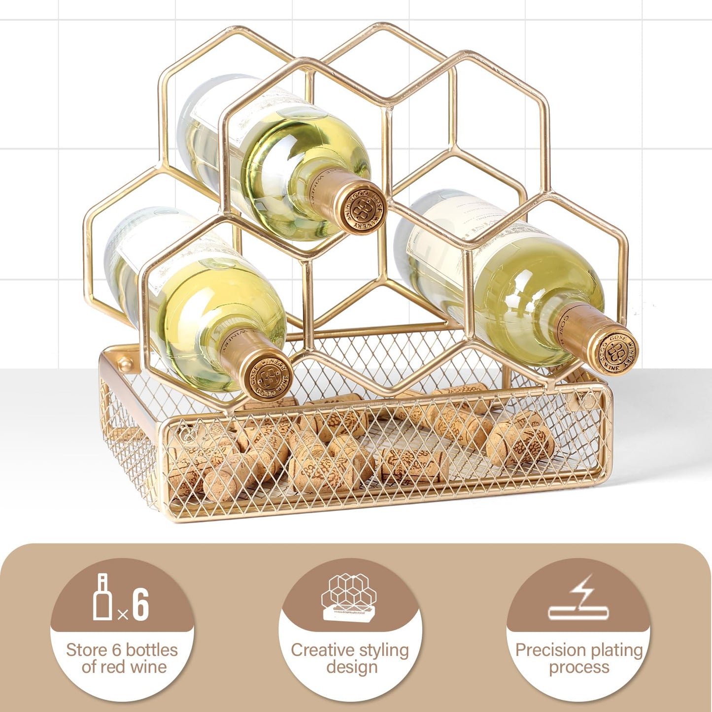 Drincarier Countertop Wine Rack - 6 Bottle with Cork Storage Freestanding Modern Gold Metal Wine Rack - Tabletop Wine Holder Stand for Cabinet, Pantry, Wine Bottle Storage…