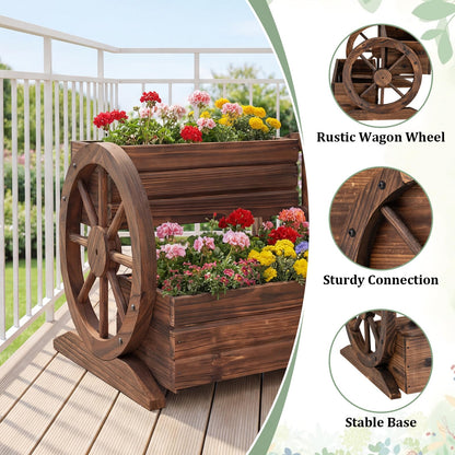 Giantex Wooden Wagon Planter Box, Garden Planter with Drainage Holes & Wheels for Flowers Herbs Vegetables, Indoor Outdoor Decorative Flower Cart for Patio Garden Balcony (1)