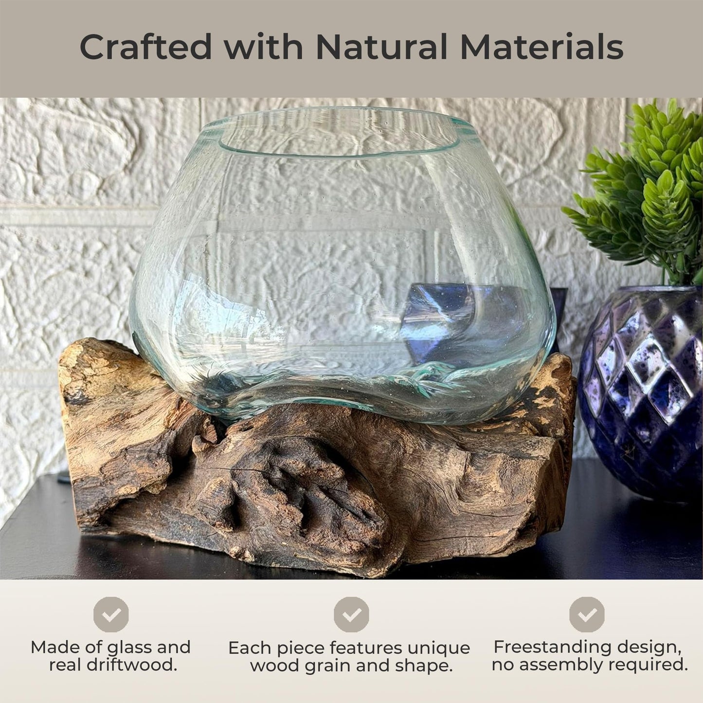 Zeckos Planter Terrarium with Molten Glass Bowl on Driftwood Base, Coastal Wood and Glass Tabletop Planter, 7.5 X 7 X 6 Inch Freestanding Indoor Accent for Succulents or Air Plants