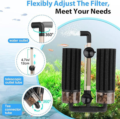 hygger Aquarium Double Sponge Filter: Upgraded Sponge Filter with Larger Filtration Area, Come with Extendable Clip, 2 Spare Biochemical Sponges, Bioceramic Balls, for Freshwater Saltwater Tank - M
