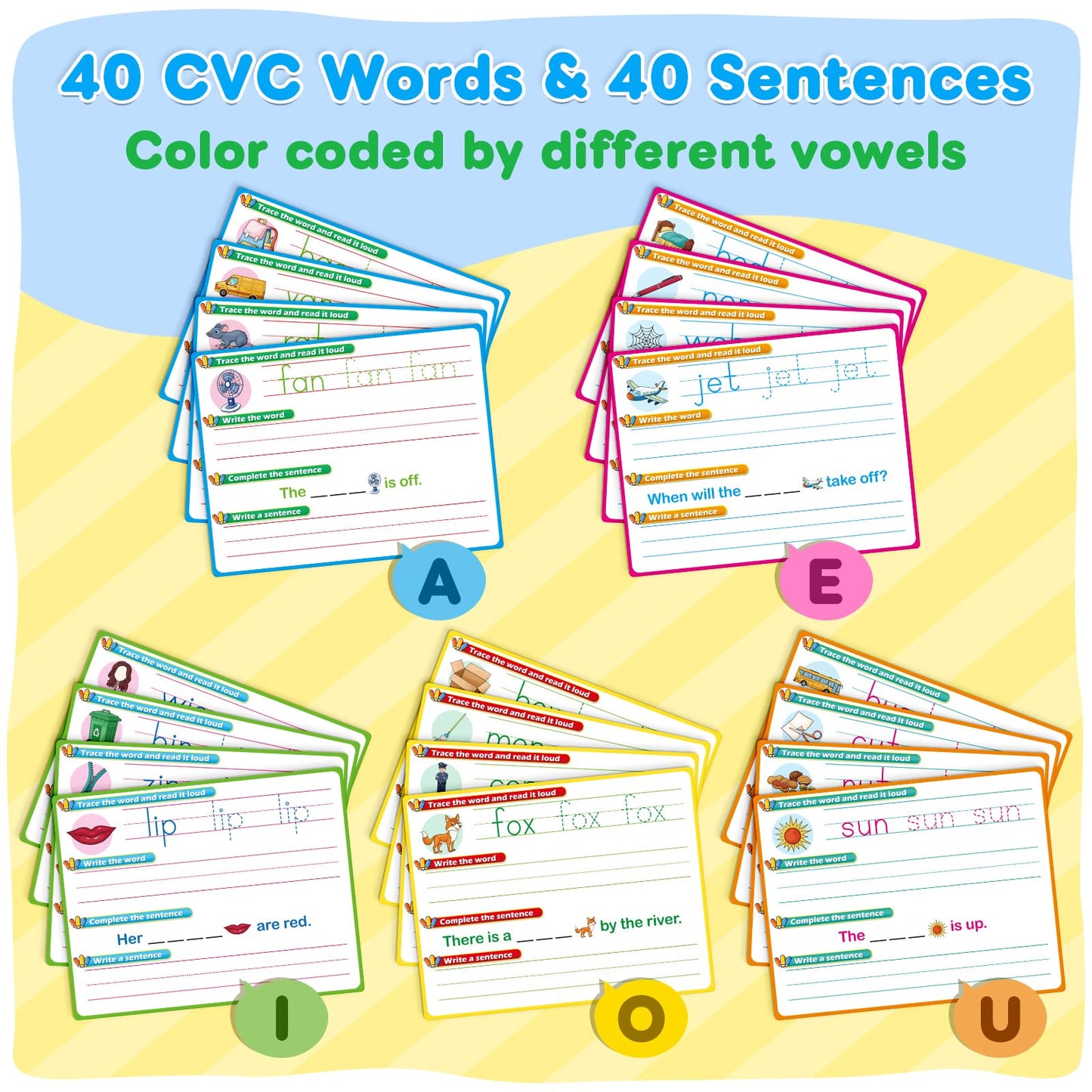 PraxiKidy CVC Word Games Sentence Building for Kids, Handwriting Practice Sight Words Writing Tracing Phonics Flash Cards, Pre k Preschool Kindergarten Learning Activities Homeschool Special Education