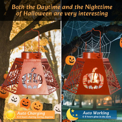 WONDER GARDEN Halloween Lantern Lights, 2 Pack Solar Hanging Pumpkin Lights, Metal Decorative Light for Outdoor Porch Yard Garden Tree Decor