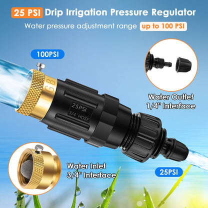 Gulfmew Drip Irrigation Faucet Adapter 25 PSI, 1/4" Tubing Quick Connect to 3/4" Garden Hose with Backflow Preventer, Filter, Plumbers Tape, Pressure Regulator, Copper Drip Irrigation System Fittings