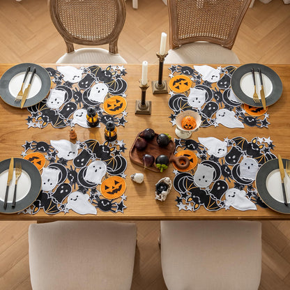 Joyfol Day Halloween Spooky Rectangular Placemats Set of 4, Cutwork Embroidered Pumpkins Place-mats 13 x 19 Inch, Black Bats Halloween Table Decorations for Parties Gothic Scary Nights