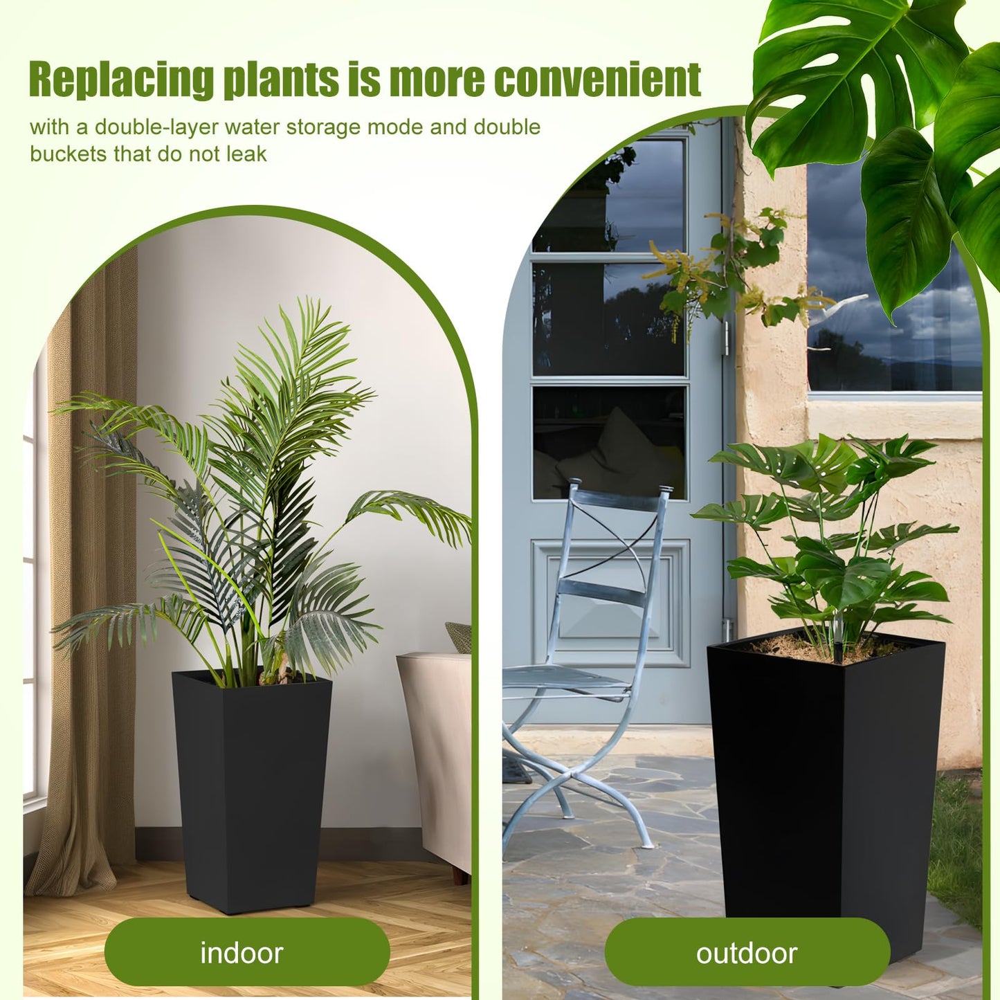 Set of 2 Large Tall Planter for Indoor or Outdoor 22" Flower Pots Tapered Tall Planters with Tray for Porch, Patio, Backyard, Large Planters for Plants with Visual Water Level, Dual Buckle, Tray Black