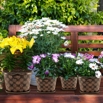 10 Inch Planter Pots for Plants, 4 Pack Plastic Large Flower Pots Indoor Outdoor, Resin Plant Pot with Drainage & Saucer, Retro Decorative Garden Pot with Removable Trays for House