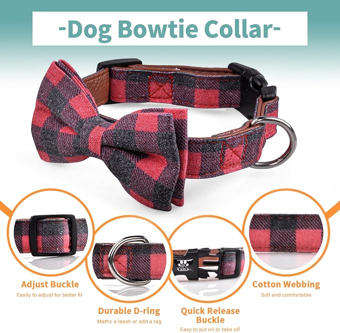 IVY&LANE Dog Collar with Bowtie and Leash Set | Plaid Adjustable Dog Collar | Detachable Bow Tie |5 FT Dog Leash | for Small Medium Large Dogs | Checkered Red | X-Small