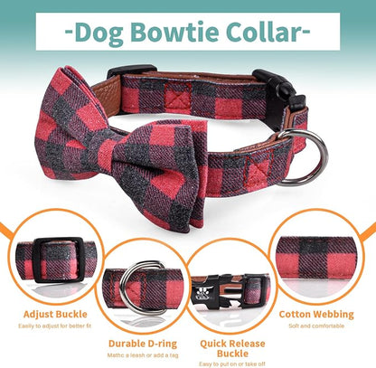 IVY&LANE Dog Collar with Bowtie and Leash Set | Plaid Adjustable Dog Collar | Detachable Bow Tie |5 FT Dog Leash | for Small Medium Large Dogs | Checkered Red | X-Small