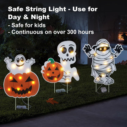 Lighted Yard Signs for Halloween Props Yard Stakes Light Up Pumpkin Ghost Yard Sign with Stakes for Halloween Decorations Outdoor Lawn Decor Yard Decorations - 3PCS