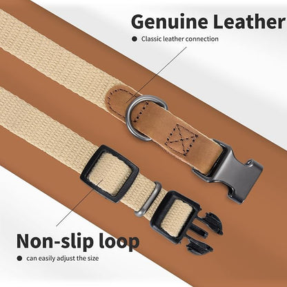 Mile High Life Genuine Leather Dog Collar, Soft Cotton Pet Collars with Heavy Metal Buckle for Small Large Dogs (Khaki, L Neck 17"-21")