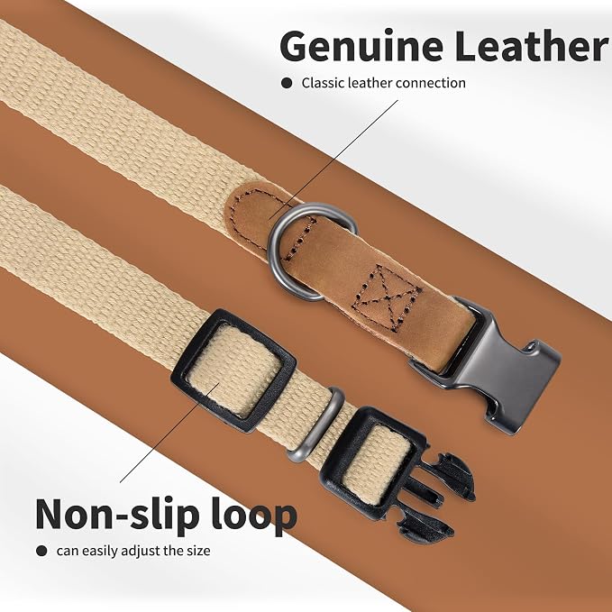 Mile High Life Genuine Leather Dog Collar, Soft Cotton Pet Collars with Heavy Metal Buckle for Small Large Dogs (Khaki, M Neck 15"-18")