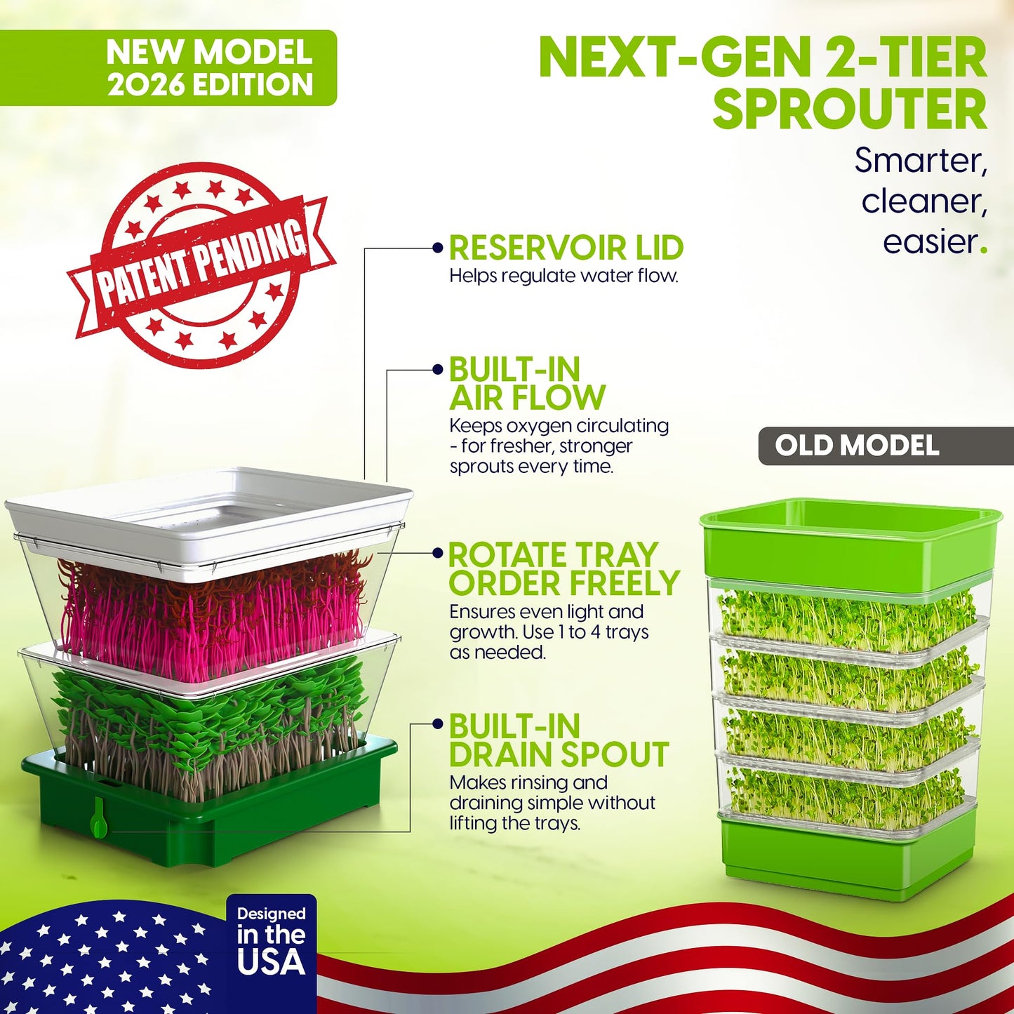 ZESTIGREENS 2-Tier Sprouting Kit - Stackable Seed Sprouter Trays with Drain Spout - Grow Fresh Sprouts at Home - BPA-Free