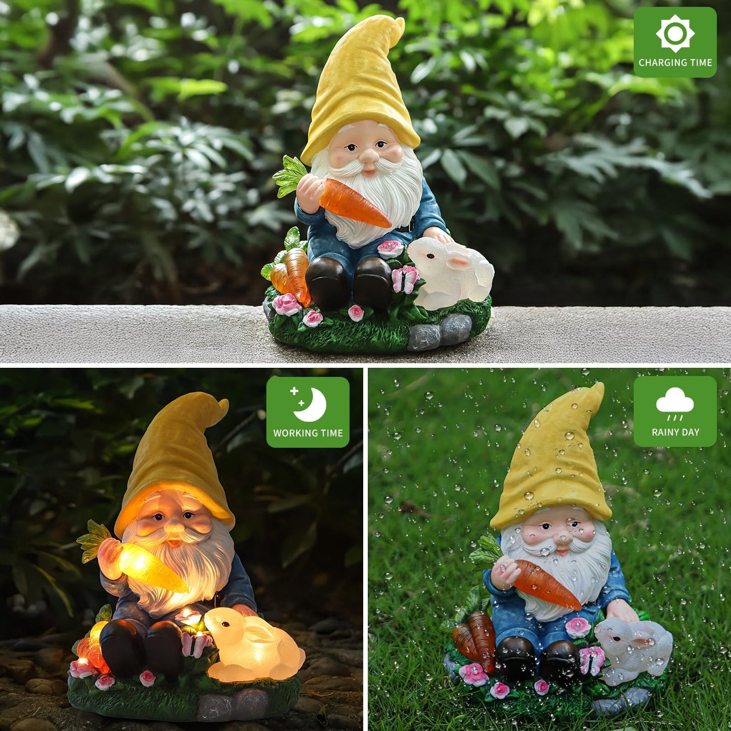NATASE Solar Garden Outdoor Statues Gnome Feeding Rabbit with 6 LED Lawn Decor Outside Decorations for Patio, Balcony, Yard Ornament Unique Garden Gift
