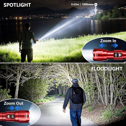 WdtPro LED Rechargeable Flashlight 2 Pack, 3 Modes Super Bright High Lumens Flashlights, Zoomable Tactical Flash Light with LCD Display, IP65 Waterproof Flashlights for Home Emergency Camping - Red