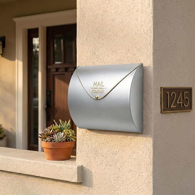 Metallic Silver Wall Mount Mailbox for Outside,Waterproof Metal Mailboxes with Rust-Proof Galvanized Steel,Large Capacity Envelope Mailbox for House,12.99 x 10.35 x 3.5 Inch