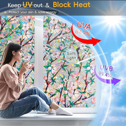 Rainbow Window Privacy Film Decorative, 3D Decals Stained Glass Clings, Static Cling Sticker, Suncatcher Windows Cover Tint for Home, 35.4 Inch x 78.7 Inch