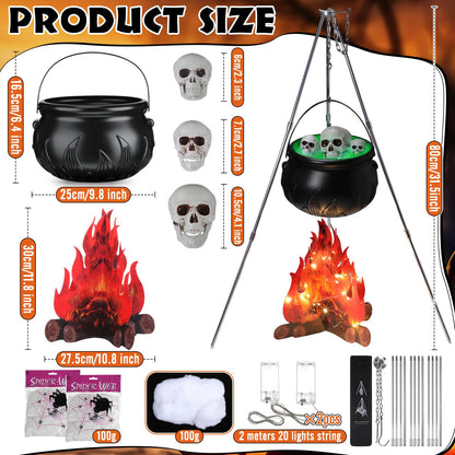 WinnerWhy 11 Pcs Large Witches Cauldron Halloween Decor Set Cauldron on Tripod with Spider Webs Fake Fire String Lights Skulls for Halloween Indoor and Outdoor Party Supplies