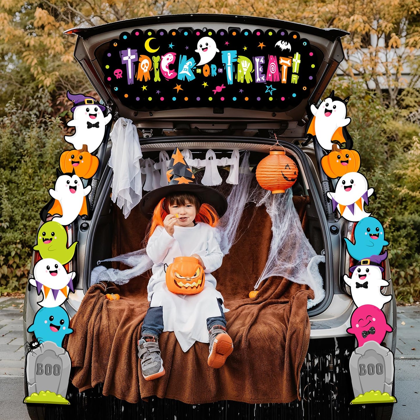 Aperturee Halloween Trunk Or Treat Car Decorations Kit — 70.8x15.5 Inch Banner, Porch Banner, 2x6m Ropes, Rain String Curtains, Durable Oxford Fabric, Fun Halloween & Trick-or-Treat Themes