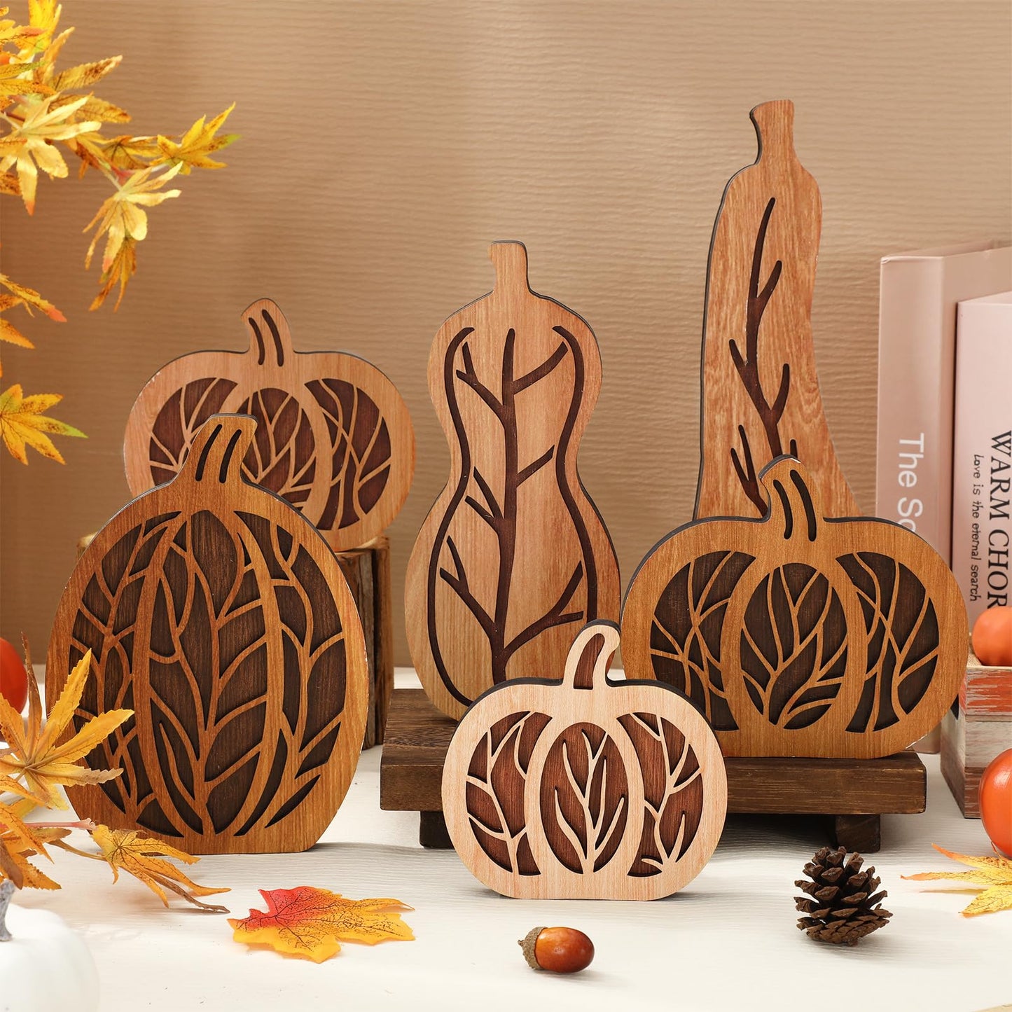 JarThenaAMCS 6 Pcs Fall Pumpkin Wood Table Sign Natural Wood Hollow Carved Pumpkin Rustic Autumn Tabletop Centerpieces for Farmhouse Thanksgiving Home School Office