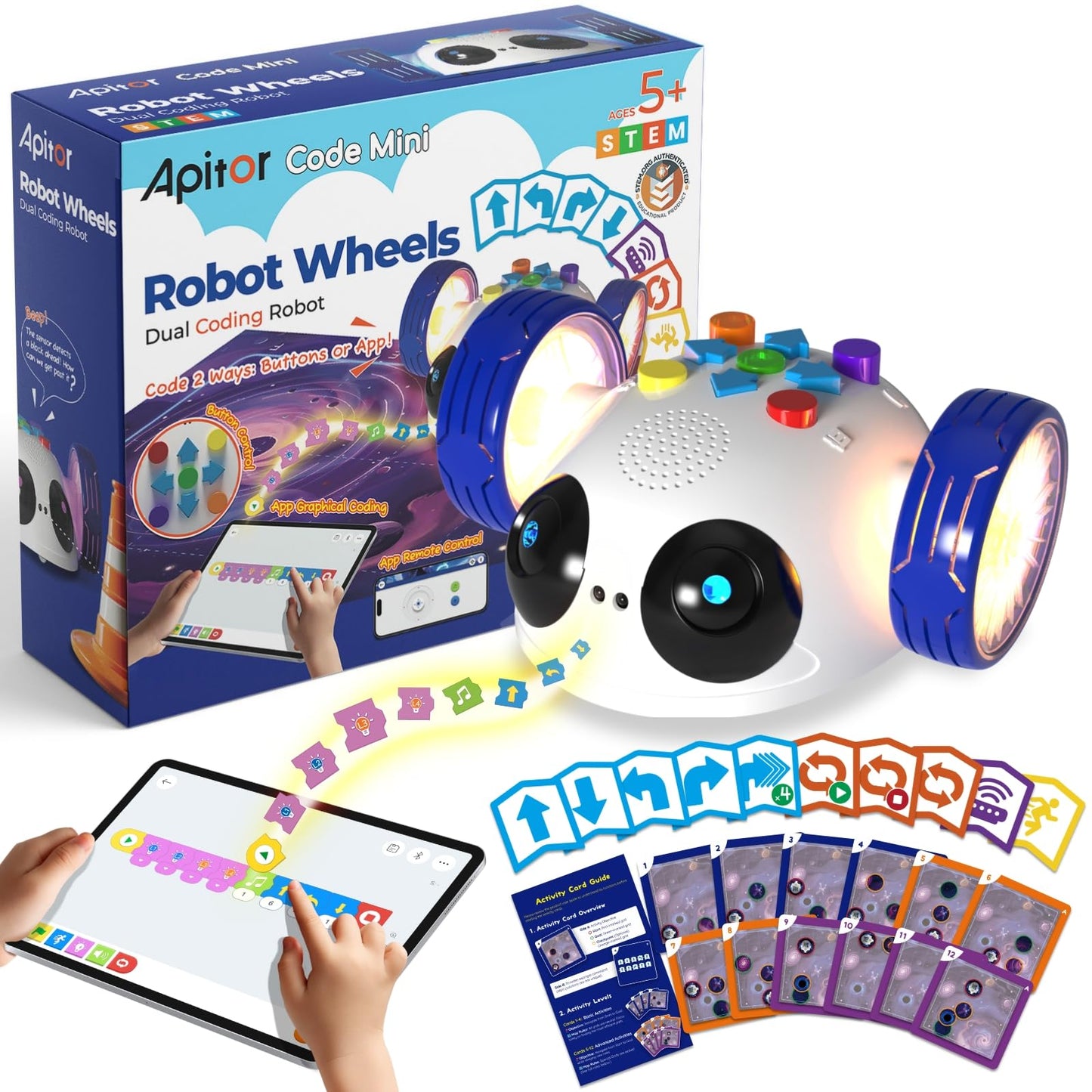 Apitor Coding Robot Toys for Kids Ages 5+, STEM Robot Toy Kit with Wheels and Play Cards, Screen Free Remote Control Programming Interactive Toy for Boys and Girls Ages 5-8