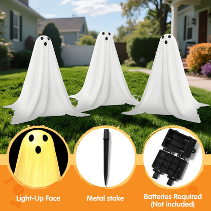 JOYIN 3 Pcs Halloween Decorations Outdoor Ghosts Pathway Lights, 18” White Cloth Ghost with White Light Up Yard Stakes for Graveyard Yard Lawn Garden Prop, Party Decor Supplies