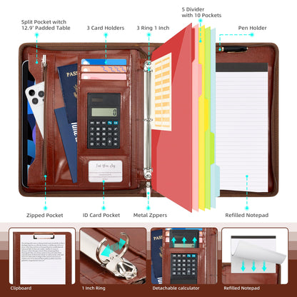 Ospelelf 3 Ring Binder Portfolio Folder with Zipper- Leather Padfolio with Clipboard Storage- Calculator, 12.1” Tablet Sleeve, 5 Dividers with Pocket, Refillable Notepad, Card Slot (Red Brown)