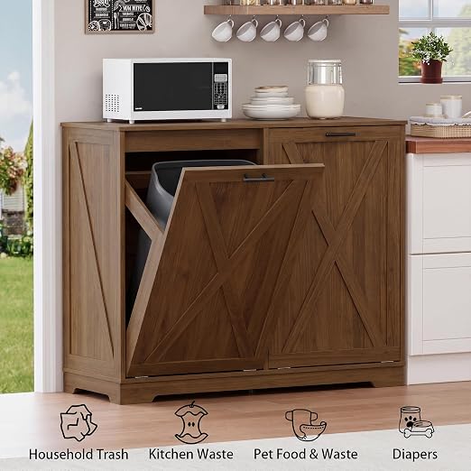 Double Tilt Out Trash Can Cabinet, Wooden Farmhouse Kitchen Garbage Bin Enclosure with Negative Ion Odor Control, Hidden Dog Proof Trash or Laundry Basket Storage for Laundry Room, Walnut