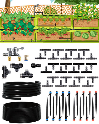 IRRIGARDENER Drip Irrigation System for Garden, Automatic Garden Watering System with 115FT 1/2” & 1/3” Tubing, Dual Faucet, Adjustable Nozzle Emitters for Garden, Greenhouse, Lawn, Potted Plants