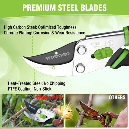 WORKPRO Bypass Pruning Shears, 8.5" Hand Pruner with Non-Slip Grip Handle, Garden Clippers with High Carbon Steel for Branches, Flowers, Fruits, Plants, Bonsai, Gardening Gifts for Women Men