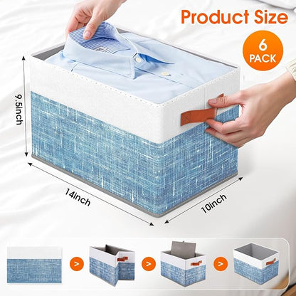Fab totes Collapsible Storage Baskets for Shelves,14"x10", 6 Pack Foldable Fabric Storage Bins with Double Leather Handles, Large Baskets for Organizing Books, Clothes, White & Blue
