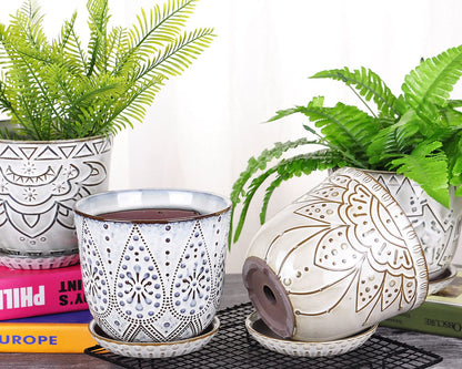 VanEnjoy 5.9 inch Round Bohemian Style Ceramic Planter, Geometry Engrave Off White Brown Planter Flower Pot, Indoor Outdoor Decorative Planter