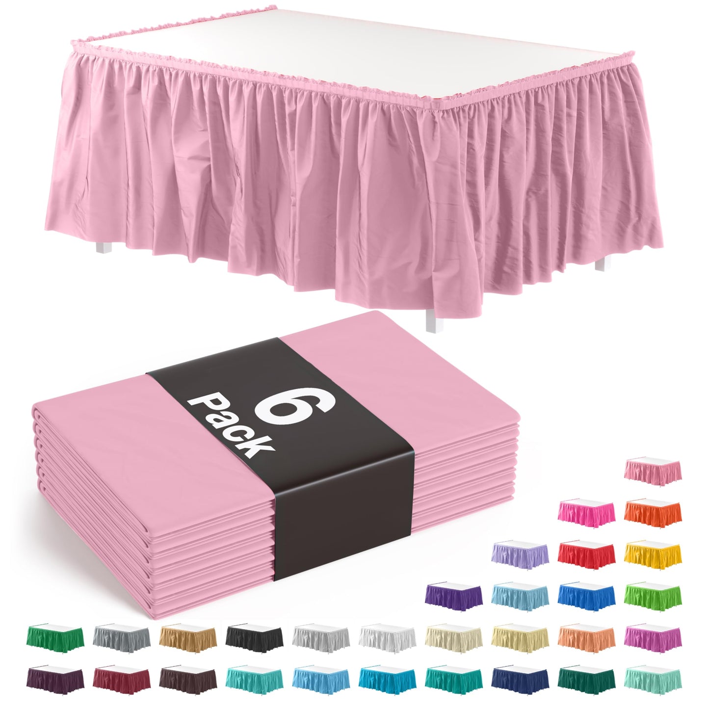 Exquisite Pink Table Skirt 6 Pack - Disposable Plastic Table Skirts for Rectangle Tables 6ft 8ft & Round Tables - 29in x 14ft Self-Adhesive Strip - Birthday Wedding Gender Reveal Decor