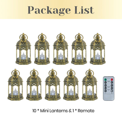 Hewory Mini Lanterns with Remote Control: Set of 10 Gold Decorative Lanterns for Centerpeces - Holiday Party Decoration for Wedding, Ramadan, Diwali, Halloween, Christmas