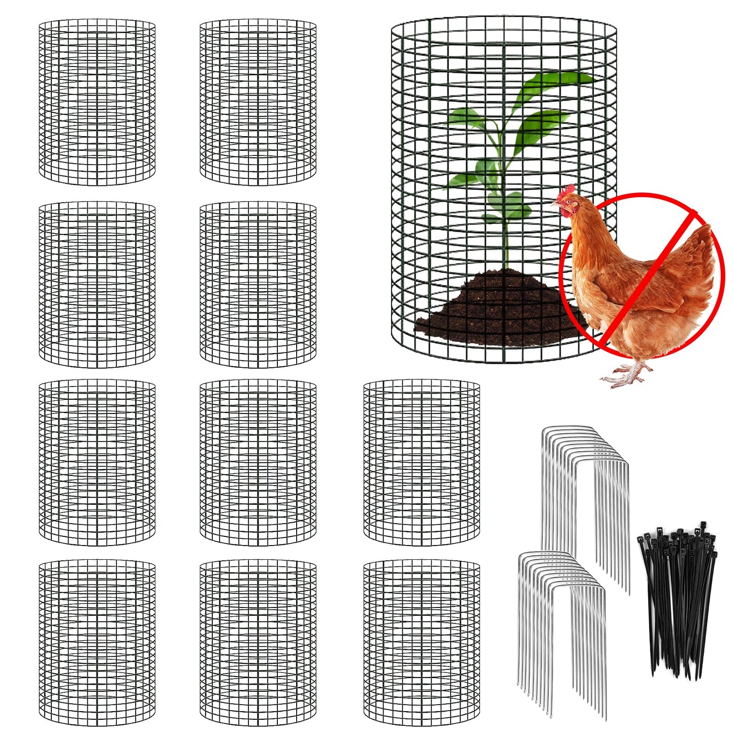 YEXEXINM 10 Pack 12" H X 4" D Wire Small Plant Protector from Animals, 10 PCS Small Metal Plant Cage Chicken Wire Cloche with Ground Stakes and Nylon Tie to Keep Animals Out, Garden Protection