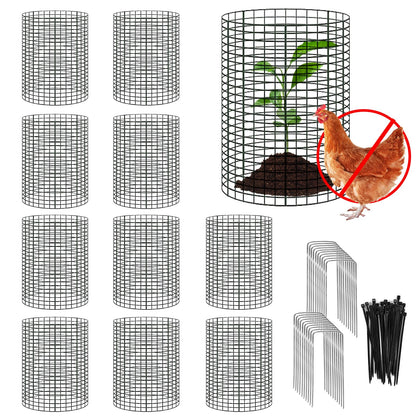 YEXEXINM 10 Pack 12" H X 4" D Wire Small Plant Protector from Animals, 10 PCS Small Metal Plant Cage Chicken Wire Cloche with Ground Stakes and Nylon Tie to Keep Animals Out, Garden Protection